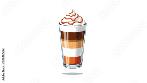 An exquisitely crafted layered coffee beverage served in a clear glass, topped with luscious whipped cream and a delicate caramel drizzle, perfectly