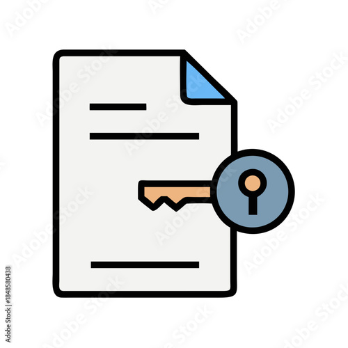 Document security: Flat graphic icon depicting a file with key for access control