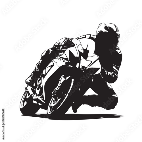 Silhouette motorcycle racer speeding on sport bike turning corner professional competition adrenaline thrill vector illustration black white