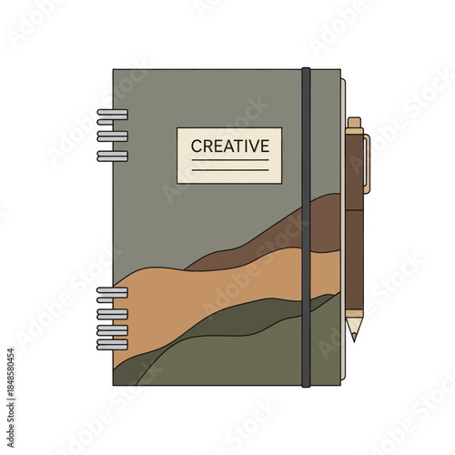 Creative notebook with mountains on cover and pencil.
