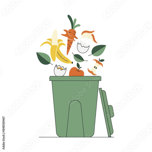 Green Trash Bin Overflowing with Assorted Vegetables.