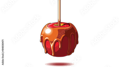 A delightful, iconic red apple, sumptuously coated in a glistening, golden caramel cascade, pierced by a rustic wooden stick, evoking sweet autumn