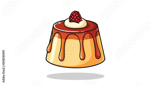A captivating illustration of a sweet golden flan, adorned with dripping caramel, a delicate cream swirl, and a ripe raspberry, a tempting visual