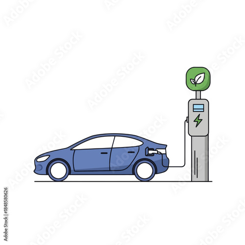 Blue electric car charging at station.