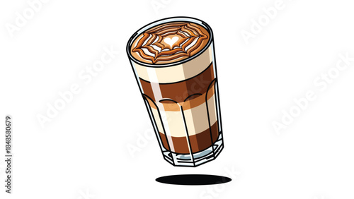 Artfully layered coffee beverage with intricate latte foam heart design showcasing rich brown and cream tones in a tall glass a delightful morning