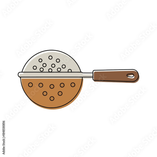 Colander with perforated bowl and wooden handle.
