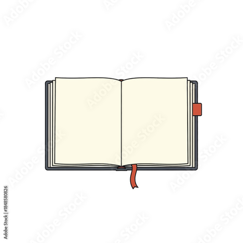 Open notebook with blank pages and bookmark.