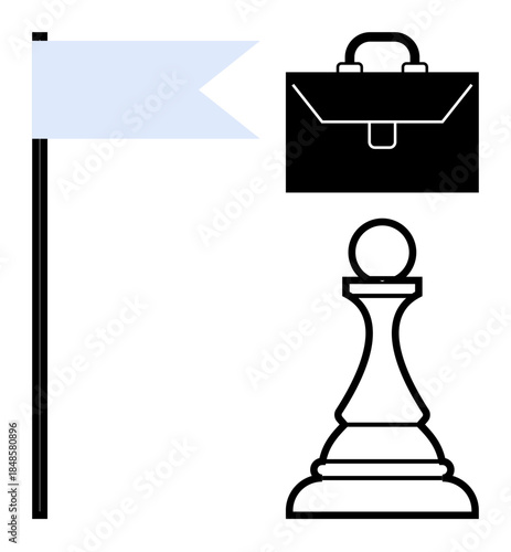 Business strategies, planning success, goal achievement, corporate leadership, decision-making, teamwork. A flag, chess pawn and briefcase arranged cleanly. Business strategies and goal achievement