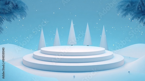 Winter Wonderland Product Showcase: Blue snowscape stage, circular backdrop, Christmas tree