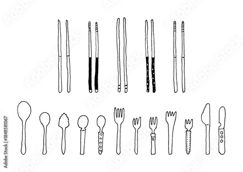 箸とカトラリーの手描きイラストセット