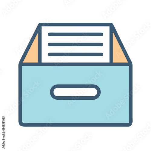 Blue filing cabinet drawer filled with documents and bordered in dark blue