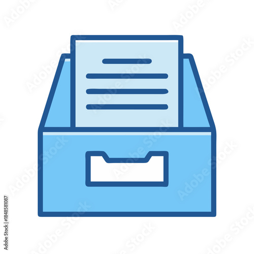 Stylized blue filing cabinet icon filled with documents, isolated on black