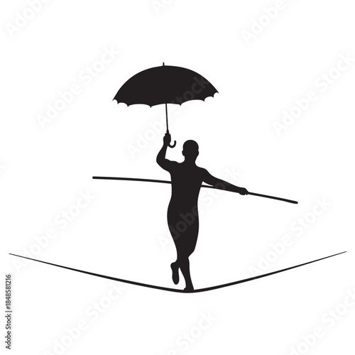 Silhouette man walking tightrope holding umbrella and balance pole daring performer high wire act adventure challenge