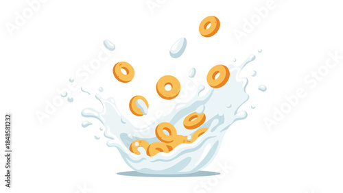 Vibrant vector shows golden ring cereal vigorously splashing into fresh milk, forming an energetic, wholesome breakfast scene for health-conscious