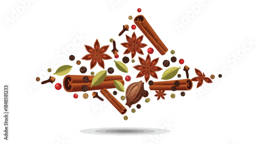 A delightful arrangement of aromatic kitchen spices elegantly presented, showcasing a harmonious blend of unique flavors and natural textures