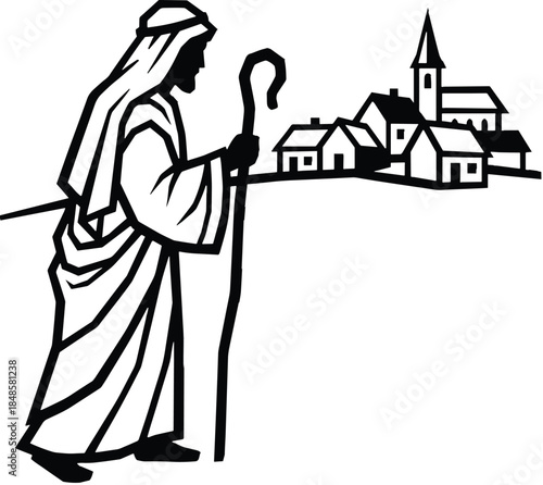 Biblical shepherd silhouette illustration, religious holy land village scene, man with staff walking toward town, spiritual faith vector isolated on white