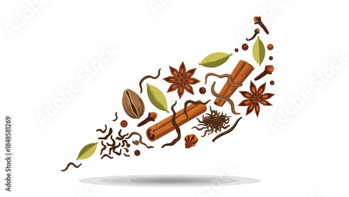 Vibrant culinary spices in dynamic flow featuring star anise cinnamon cardamom and cloves for rich flavors