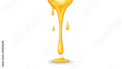 Viscous golden liquid gently cascading downward forming a glistening pool at the base illustrating a sweet delectable flow against a pristine white