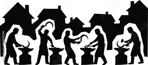 Blacksmith workers silhouette illustration, medieval forge craftsmen hammering metal, traditional village industry scene, historical labor concept vector isolated on white