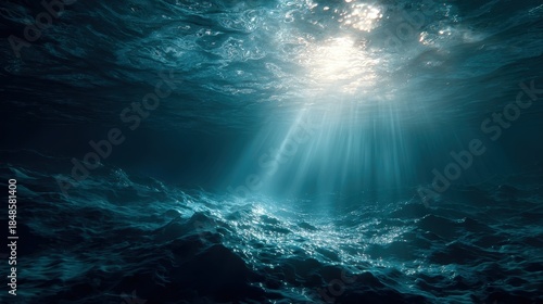 Fototapeta Naklejka Na Ścianę i Meble -  Underwater Sea - Deep Abyss With Blue Sun light