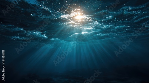 Fototapeta Naklejka Na Ścianę i Meble -  Underwater Sea - Deep Abyss With Blue Sun light