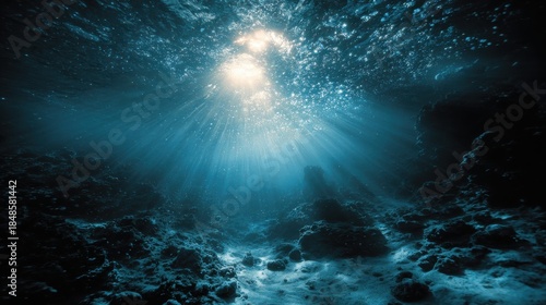 Fototapeta Naklejka Na Ścianę i Meble -  Underwater Sea - Deep Abyss With Blue Sun light