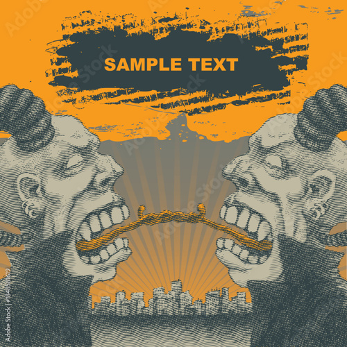 Devil Faces Fighting over Chain on Orange Background with Cityscape