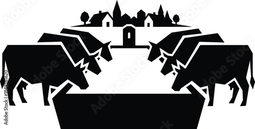 Bull silhouettes drinking water illustration, rural cattle livestock scene, farm animals at trough, agriculture and farming concept vector isolated on white