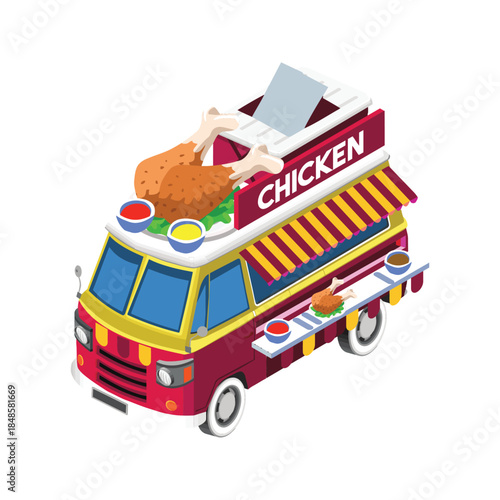 Isometric Chicken Food Truck Illustration.