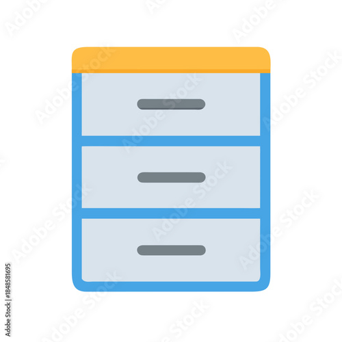 Flat design file cabinet with three drawers in blue, yellow and gray