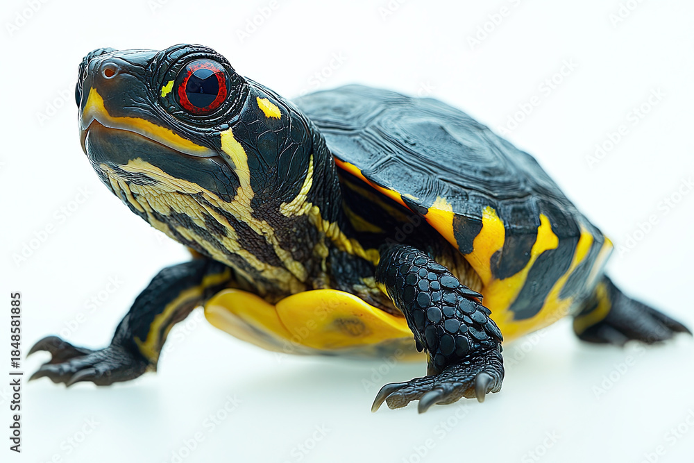 Obraz premium A colorful turtle with striking red eyes and a patterned shell, positioned against a light background, showcasing its unique features and vibrant colors, on white background.