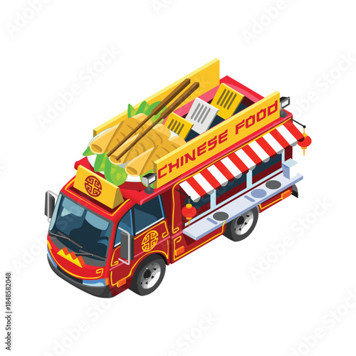 Isometric Chinese Food Truck Illustration.
