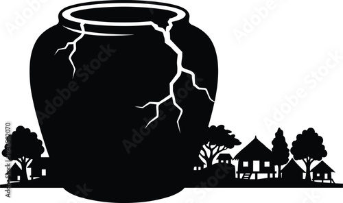 Cracked clay pot silhouette illustration, broken pottery symbol scene, rural village background, fragility damage concept, traditional container vector isolated on white