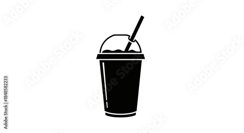 Black disposable cup with straw.