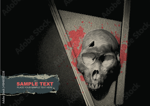 Skull with Bullet Hole and Blood Spatters on Wall in Dark Room