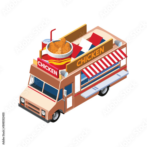 Isometric food truck serving delicious fried chicken and refreshing drinks.