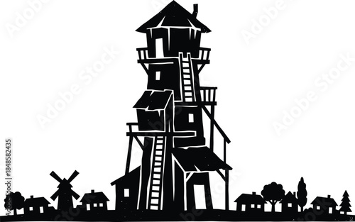 Fantasy tower house silhouette illustration, tall wooden lookout building, surreal architecture concept, fairytale village scene, vector art isolated on white background