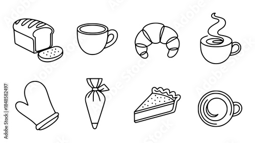 Collection of black for baked goods and beverages bread loaf