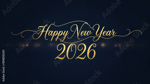Golden happy new year 2026 greeting with elegant swirling lines on dark background, festive night scene with bokeh lights