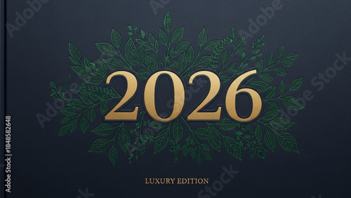 Golden 2026 luxury edition cover with green leaves on dark background