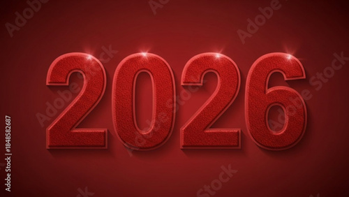 Large red 2026 text with sparkling effect on dark red background
