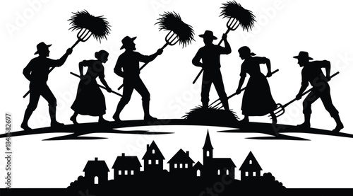 Farmers harvesting hay with pitchforks silhouette illustration, traditional rural agriculture teamwork scene above village skyline, seasonal farm labor concept, black and white vector artwork