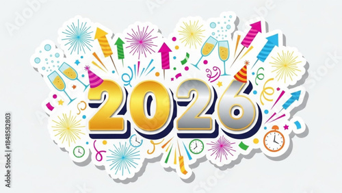 Vibrant 2026 new year's celebration graphic with fireworks, champagne, and party elements on white background