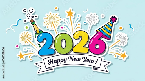 Vibrant 2026 new year celebration graphic with fireworks, champagne, and party hat on light blue background, festive decorations