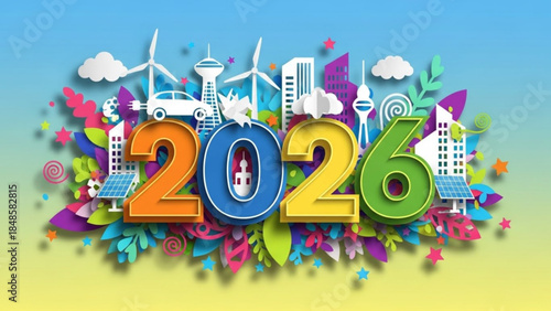 Vibrant 2026 graphic illustration with eco friendly cityscape elements and colorful leaves on yellow and blue background