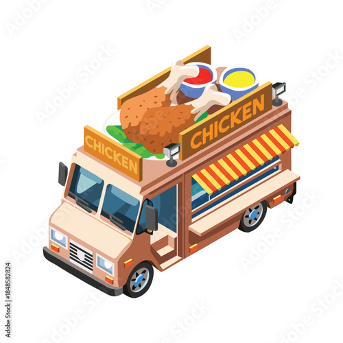 Isometric Fried Chicken Food Truck Illustration.