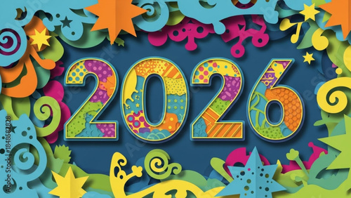 Vibrant colorful 2026 typography with swirling shapes and stars on blue background for celebration and new year