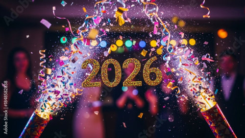A vibrant celebration scene with 2026 written in gold glittery letters surrounded by colorful confetti and fireworks in a dark room