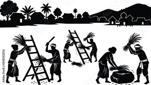 Farmers silhouette harvesting rice with traditional tools, rural village agriculture scene, teamwork farming activity, black vector illustration isolated on white background