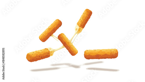Golden fried cheese sticks with molten threads floating dynamically against a pure white background an inviting crunchy snack